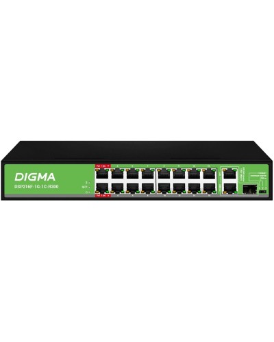 DSP216F-1G-1C-R300 (L2) 16х100Мбит/с 1х1Гбит/с 1хКомбо(1000BASE-T/SFP) 16PoE 16PoE+ 2PoE++ 300W. Коммутатор с питанием по PoE. Digma в Тольятти
