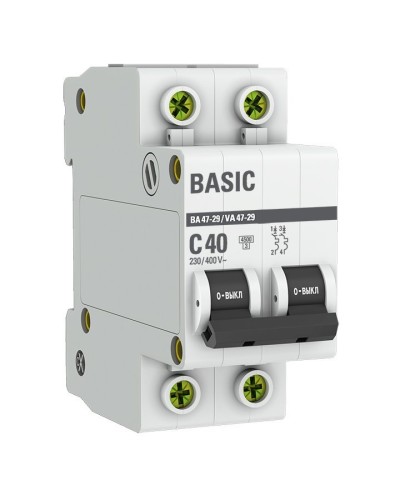 Автоматический выключатель 2P 40А (C) 4,5кА ВА 47-29 Basic (mcb4729-2-40C). Автоматический выключатель. EKF в Тольятти