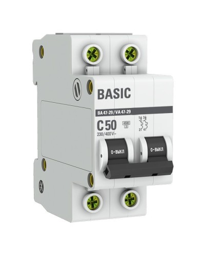 Автоматический выключатель 2P 50А (C) 4,5кА ВА 47-29 Basic (mcb4729-2-50C). Автоматический выключатель. EKF в Тольятти